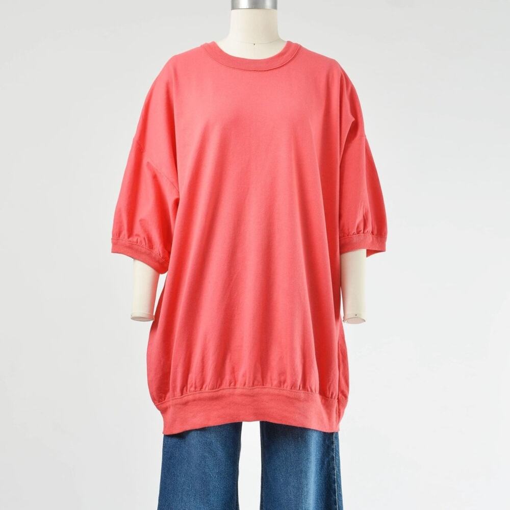 Vintage 80s Coral T Shirt Dress Oversized Bubble Hem Cotton Knit Mini Dress OS